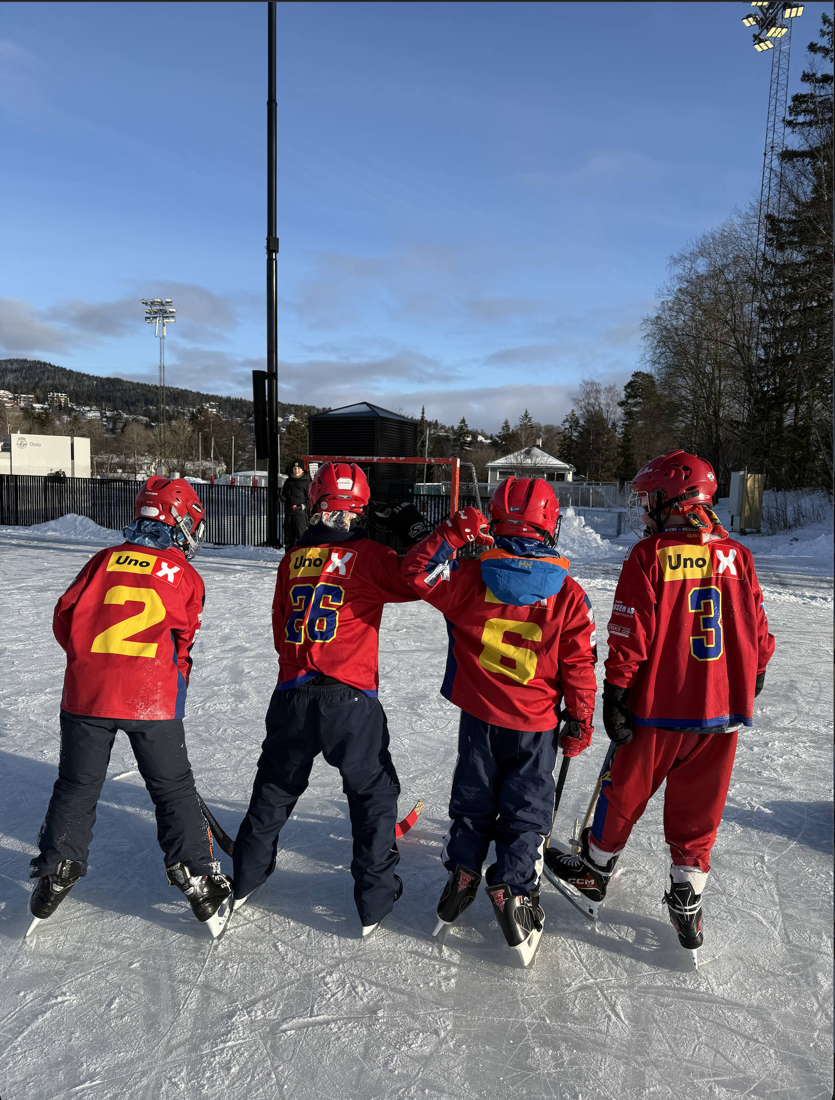 En gruppe mennesker iført hockeyklær